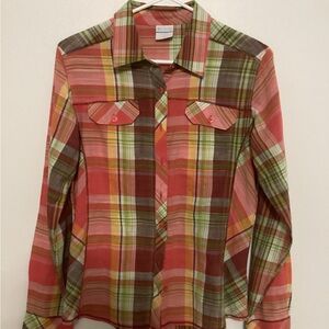 COLUMBIA Plaid Print Red Yellow Green Long Sleeve Button Down Top Size M